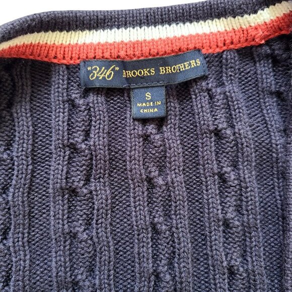 BROOKS BROTHERS Cotton Cable Knit Navy Cardigan with Red and White Trim - Picture 5 of 10